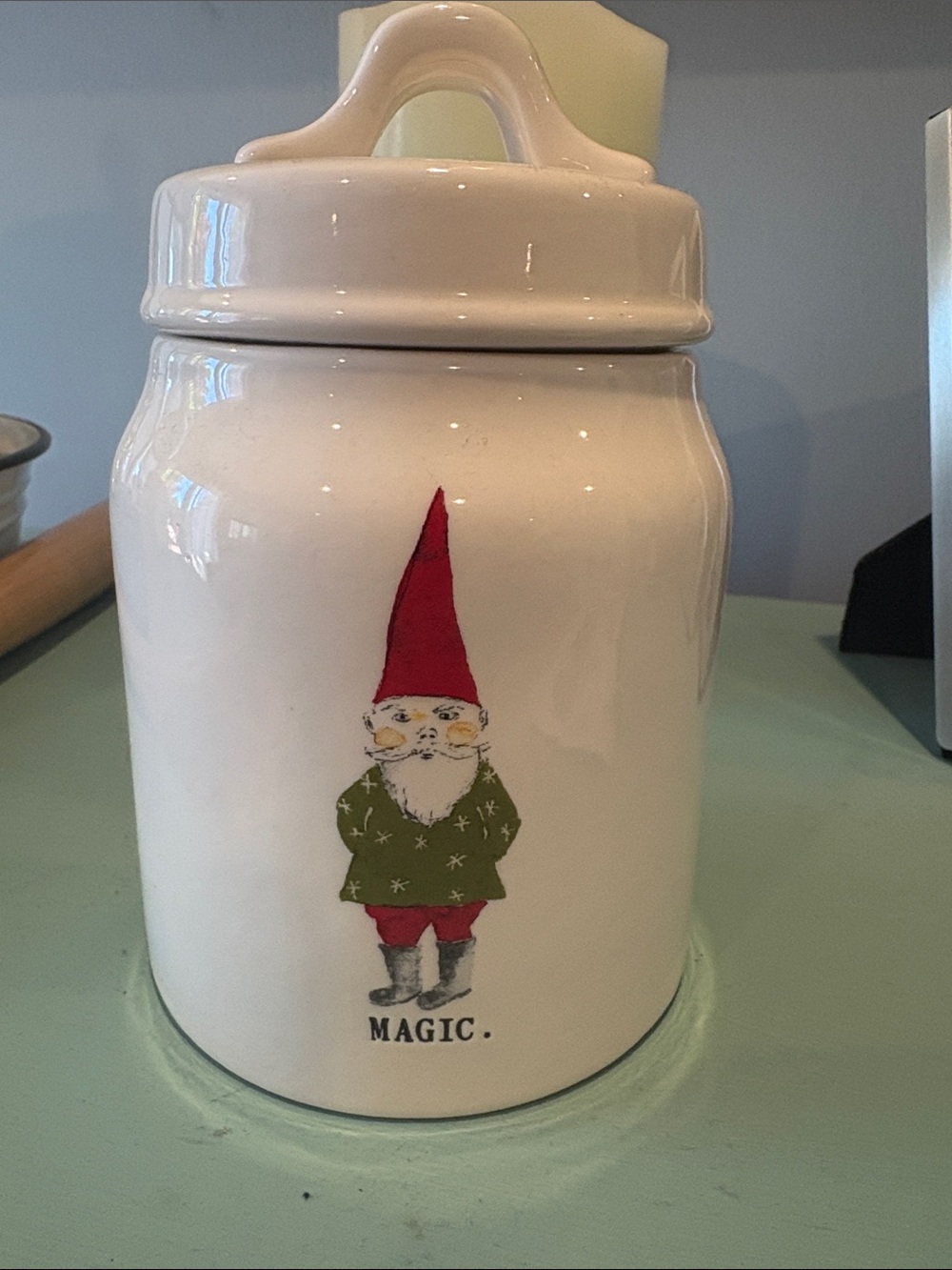 Rae Dunn White Ceramic Canister with Red-Green Gnome